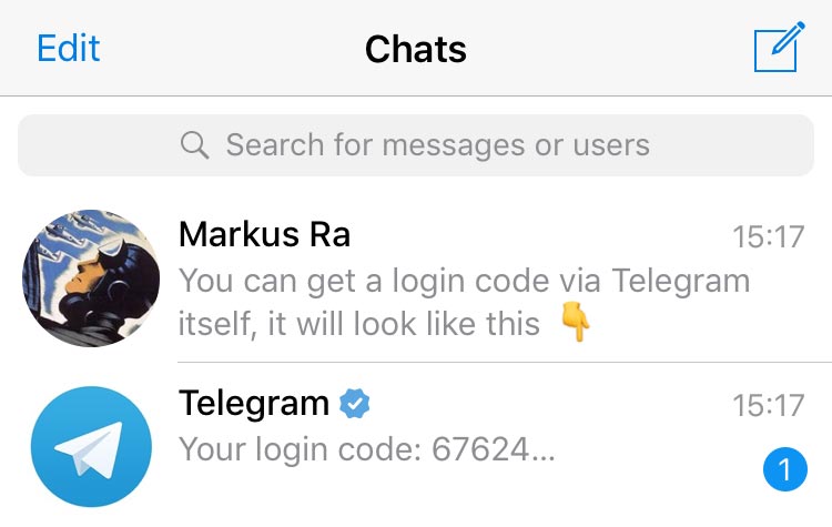 Saisie du code de vérification Telegram